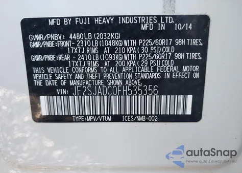 2015 Subaru Forester 2.5I Premium из США, поврежденный, VIN JF2SJADC0FH535356